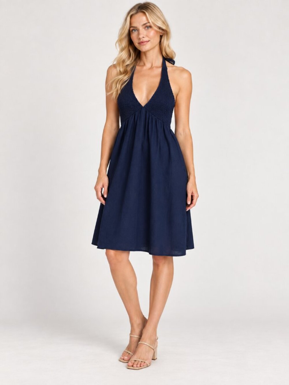 Your Favorite by PacSun Navy Smocked Halter Linen Mini Dress Size S